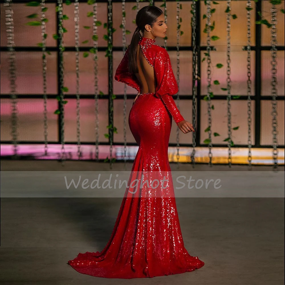 Sparkly Evening Dresses for Women Long Sleeves High Collar Luxury Evening Gown Mermaid Beading Backless Sequin Sexy Party Dress