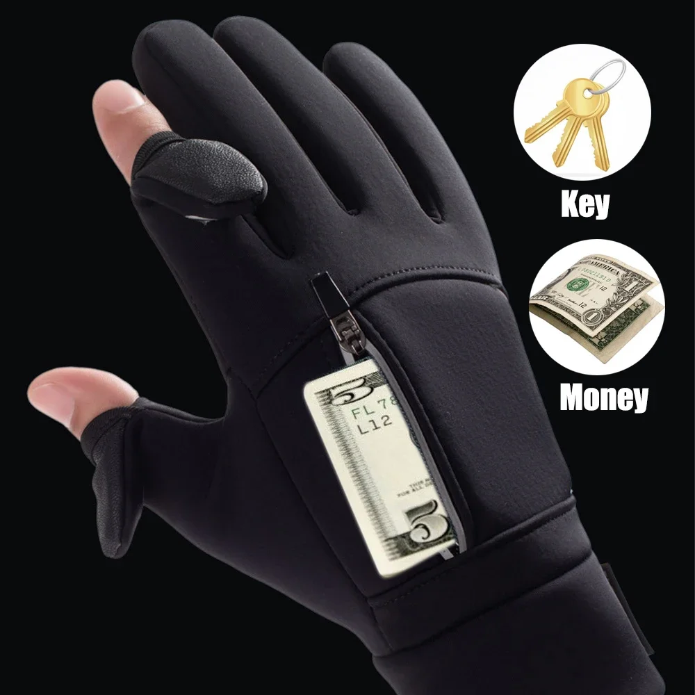 Winter Warm Gloves Flip Over Expose Two Fingers Gloves Windproof Touch Screen Gloves Cycling Ski Fishing Gloves
