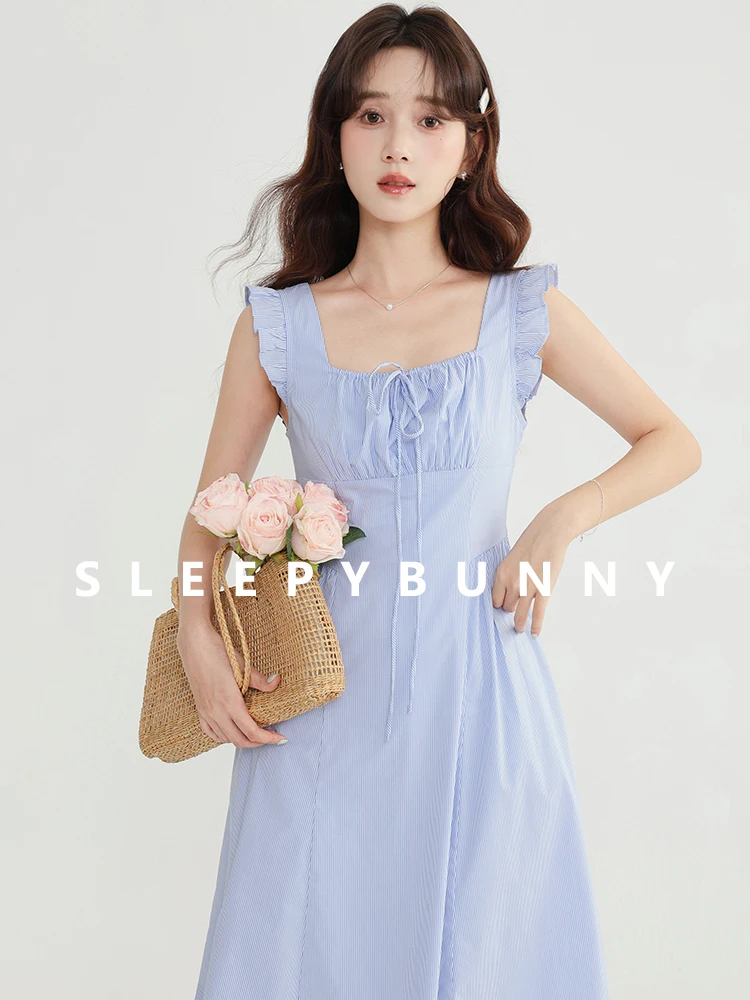 

Women Summer French Tie Waist Blue White Striped Dress Square Neck Ruffle Sleeves Slimming A-Line Dress High Waist Long Dress