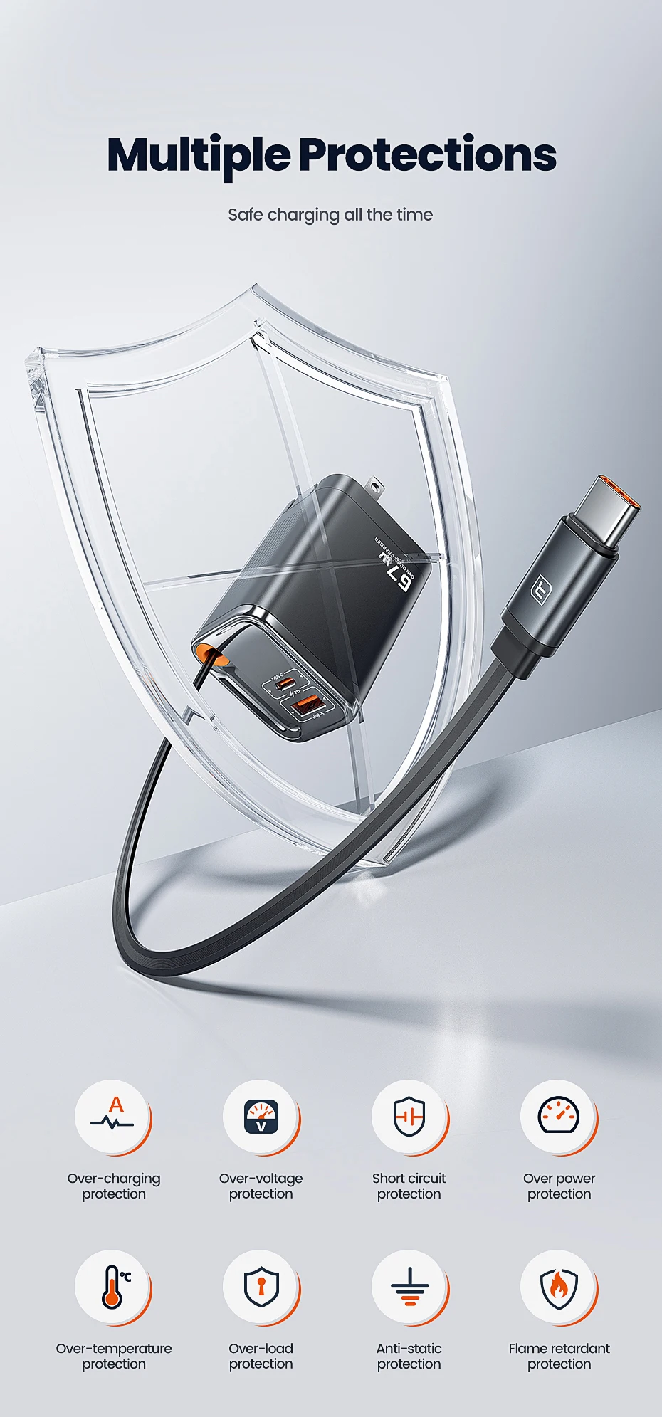 Toocki 67W GaN Ladegerät US-Stecker mit einziehbarem Typ-C-Kabel, Digitalanzeige, PPS PD3.0 Schnellladegerät für iPhone 17 16 Samsung S26 – Detail 10
