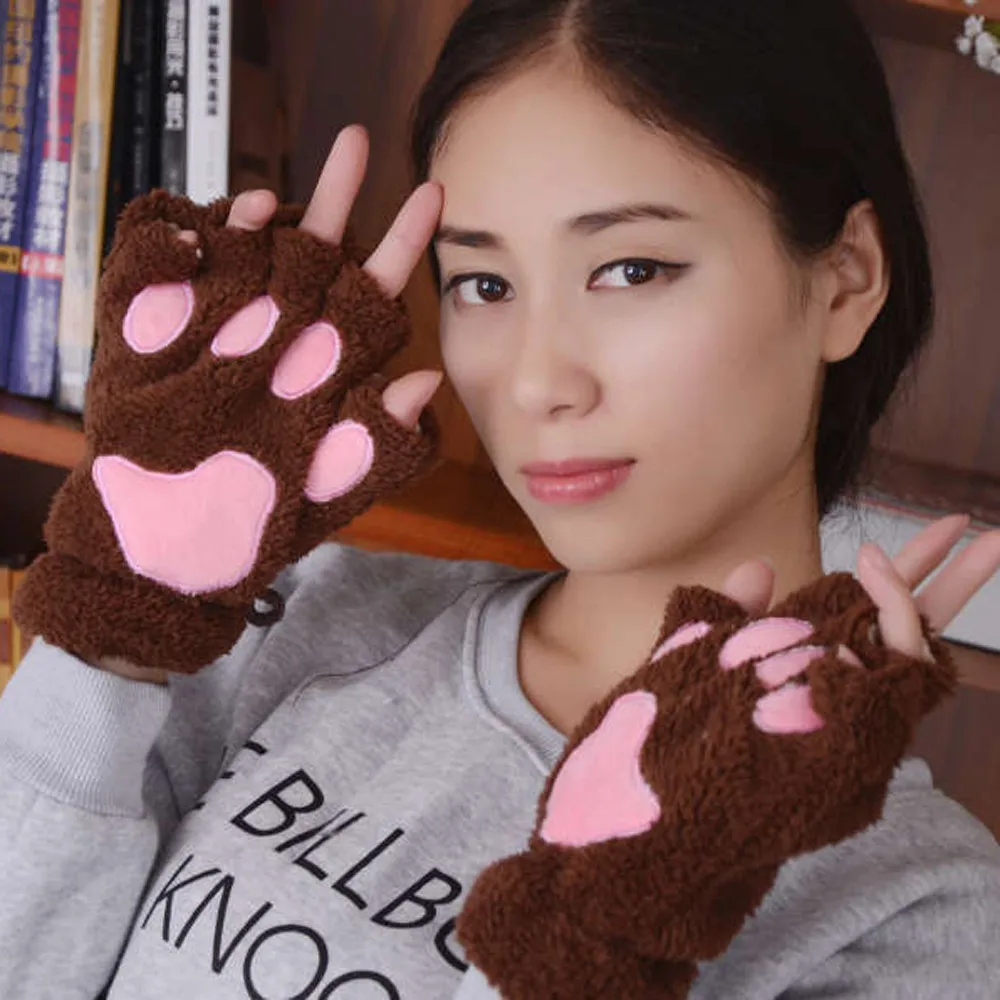 Guantes de gato Kawaii para mujer, mitones de felpa de pata de garra de gato, cálidos, suaves, cortos, sin dedos, medio dedo, Invierno