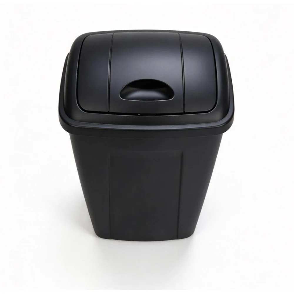 13 Gallon Black Swing Top Plastic Trash Can Smooth Easy Clean Odor Control Waste Bin For Kitchen Office Garage