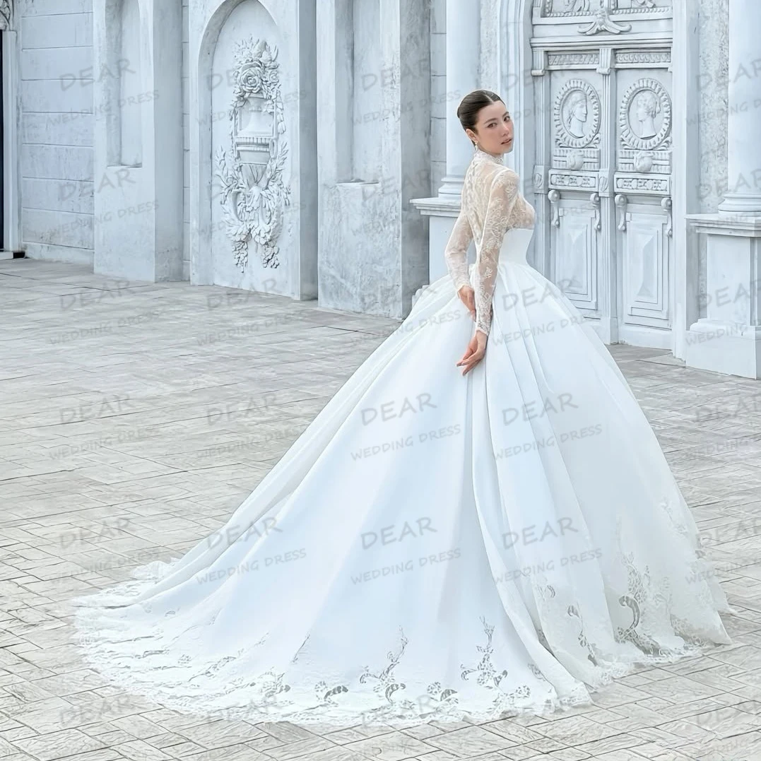 فساتين زفاف دانتيل أنيقة مثيرة على شكل حرف A سويب تراين للنساء زي العرائس ساتان رسمي كم طويل مخصص فيستدوس دي نوفيا