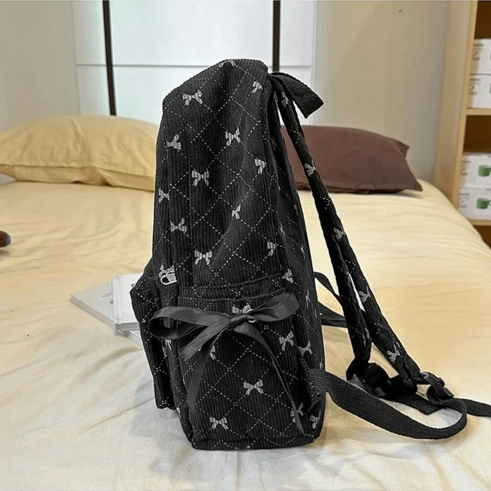 Fashion Korean Style Corduroy Backpack Bow Print Large Capacity Bow Backpack Adjustable Strap Double Shoulder Bag High School