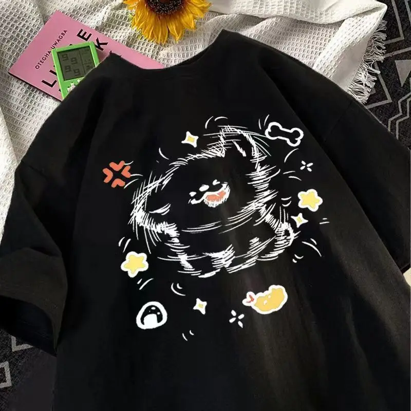 Shaking Dog Print  Round Neck Short Sleeve T-shirts for Women Summer  Harajuku  Korean Casual Loose Oversized Clothes Streetwear