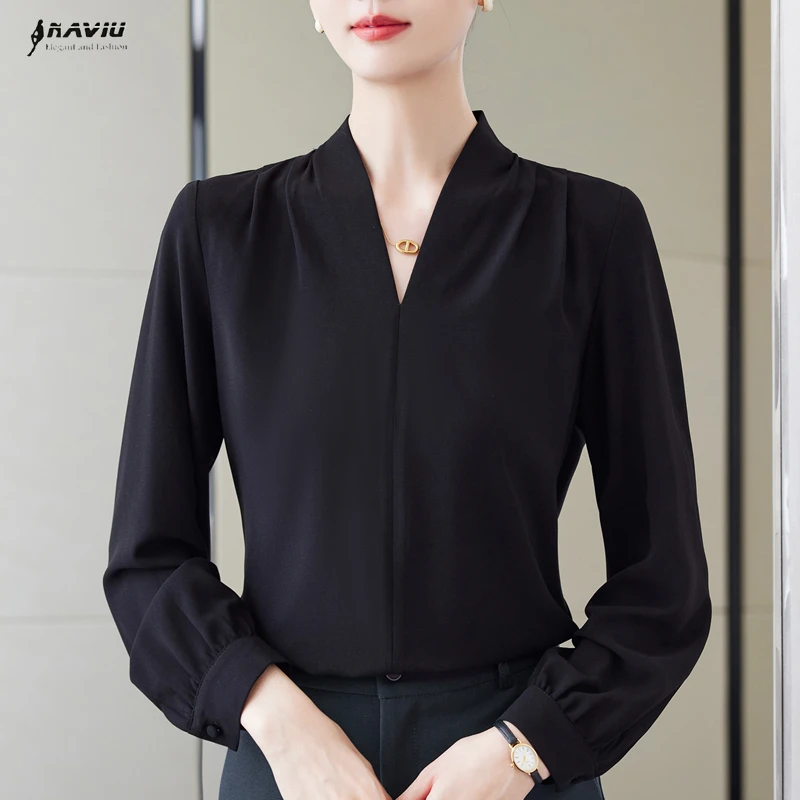 

NAVIU Fashion Women Shirt Black White Temperament V Neck Long Sleeve Formal Chiffon Blouses Office Ladies Work Tops