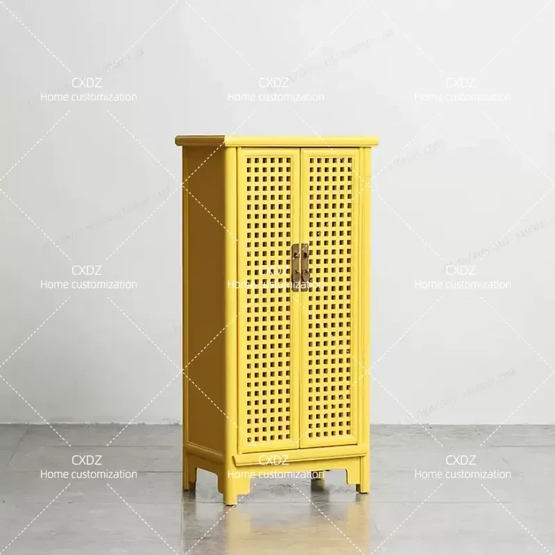 New Chinese Style Antique Elm Wood 2 Door Lattice Cabinet Solid Wood Entrance Foyer Storage High Cabinet for Bedroom