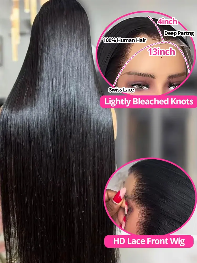 Cabelo reto cabelo humano 13x4 13x6 perucas dianteiras do laço peruca sem cola em linha reta cor natural para as mulheres fácil de usar 200% densidade