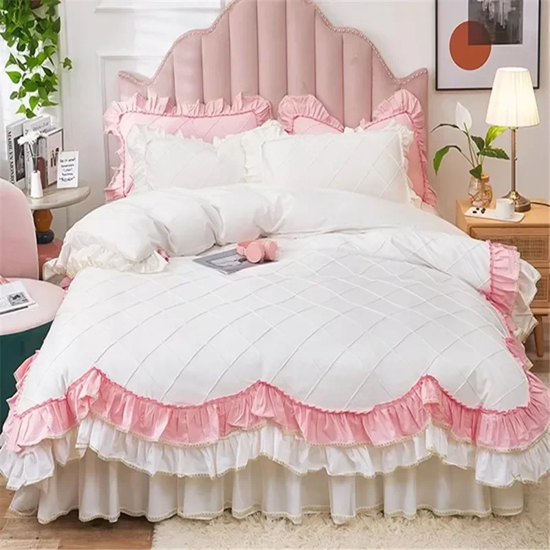 Girls Princess Bedding Set Luxury Ruffle Bed Linen Pure Cotton Quilt Cover Bed Sheet Pillowcase Bedroom Decor Bed Comforter Set