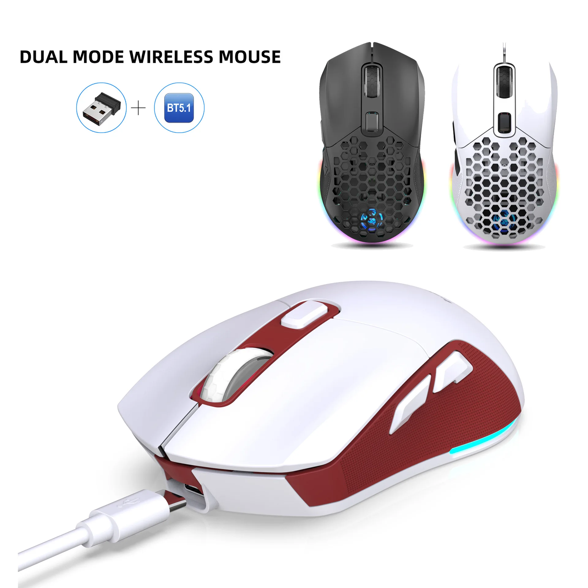 Hollow 2.4g Bluetooth wireless mouse rechargeable RGB light-emitting 4800dpi interchangeable back cover gaming lightweight mouse