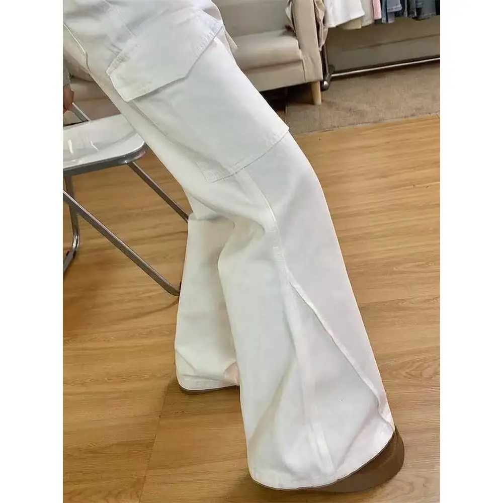 

White High Waist Bell Bot Work Pants Women's Spring Autumn New Sle Slimming Long Boots Casual Wear Faded Denim