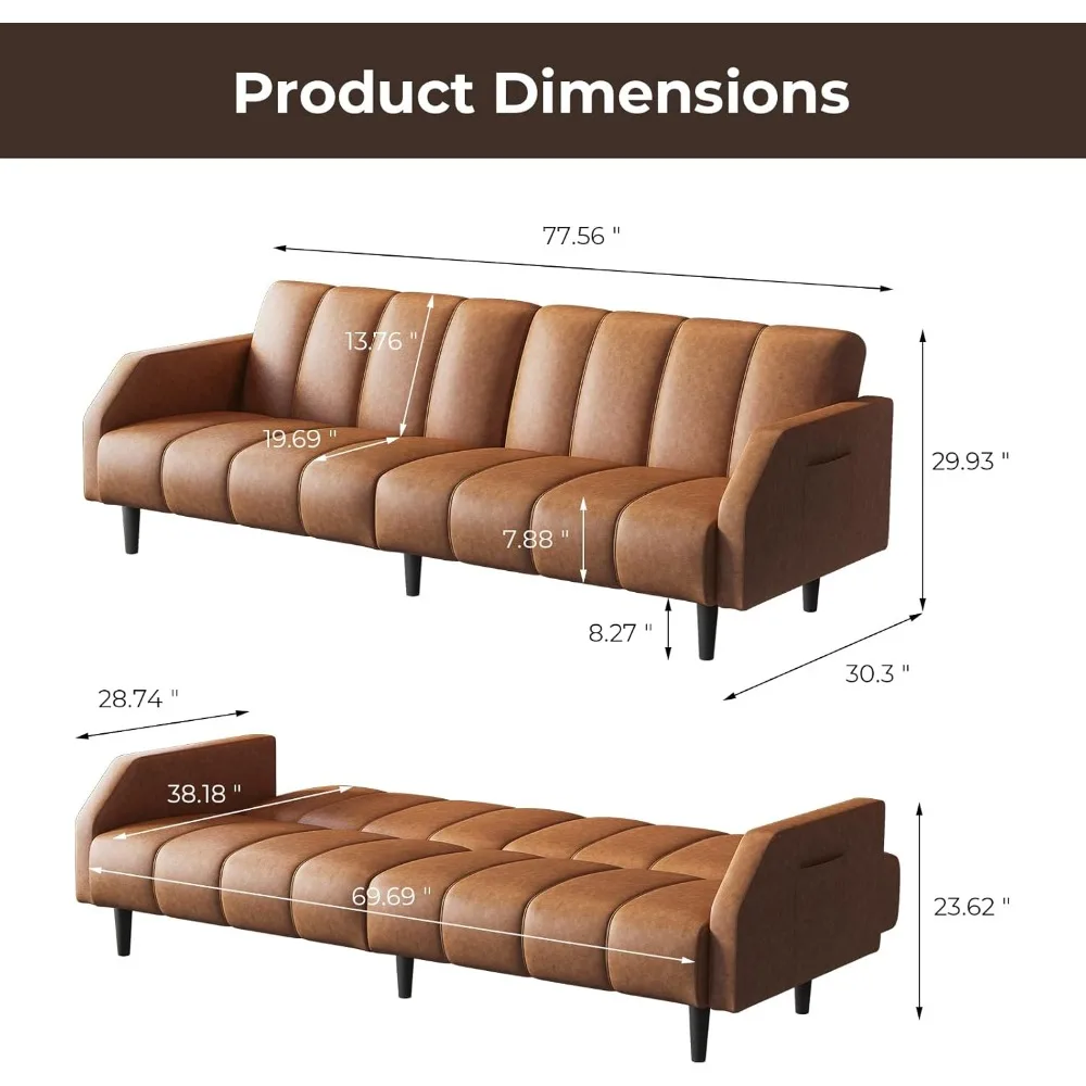 78'' Futon Sofa Bed Couch,2 Seater Faux Leather Futon Sleeper Couches with Adjustable Sofa Backrest, Convertible Lovese Sofa Bed