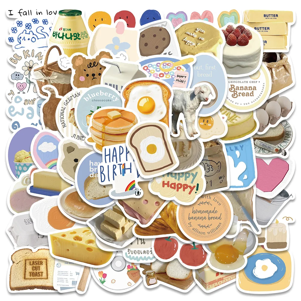 60pcs Cute Cartoon Butter and Toast Stickers For Laptop Luggage Phone Waterproof Graffiti Fridge Bicycle Car Decals