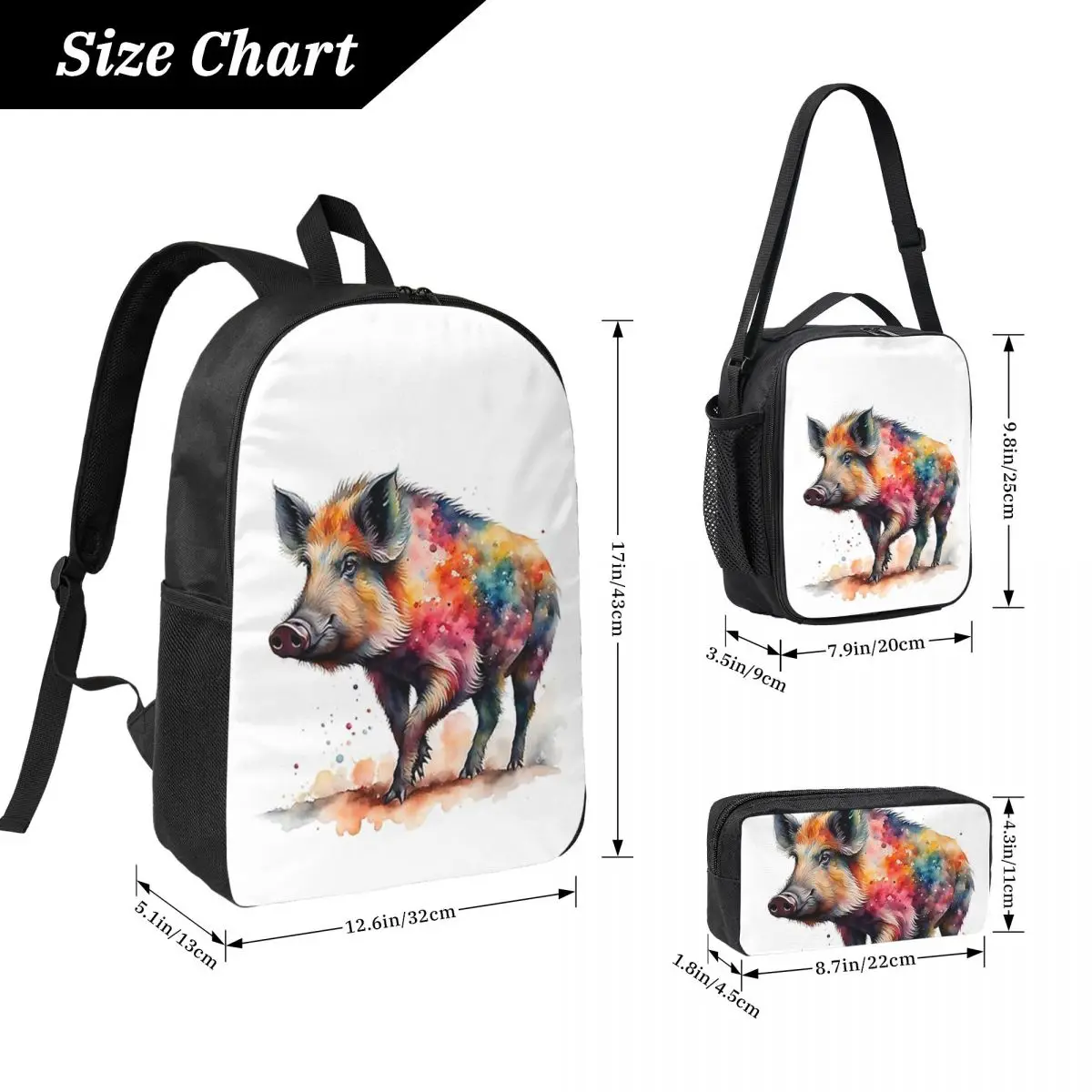 カラフルな水彩画のイノシシのバックパック、男の子と女の子のブックバッグ、スクールバッグ、コンピューターショルダーバッグ、3ps断熱ランチバッグ、ペンケース