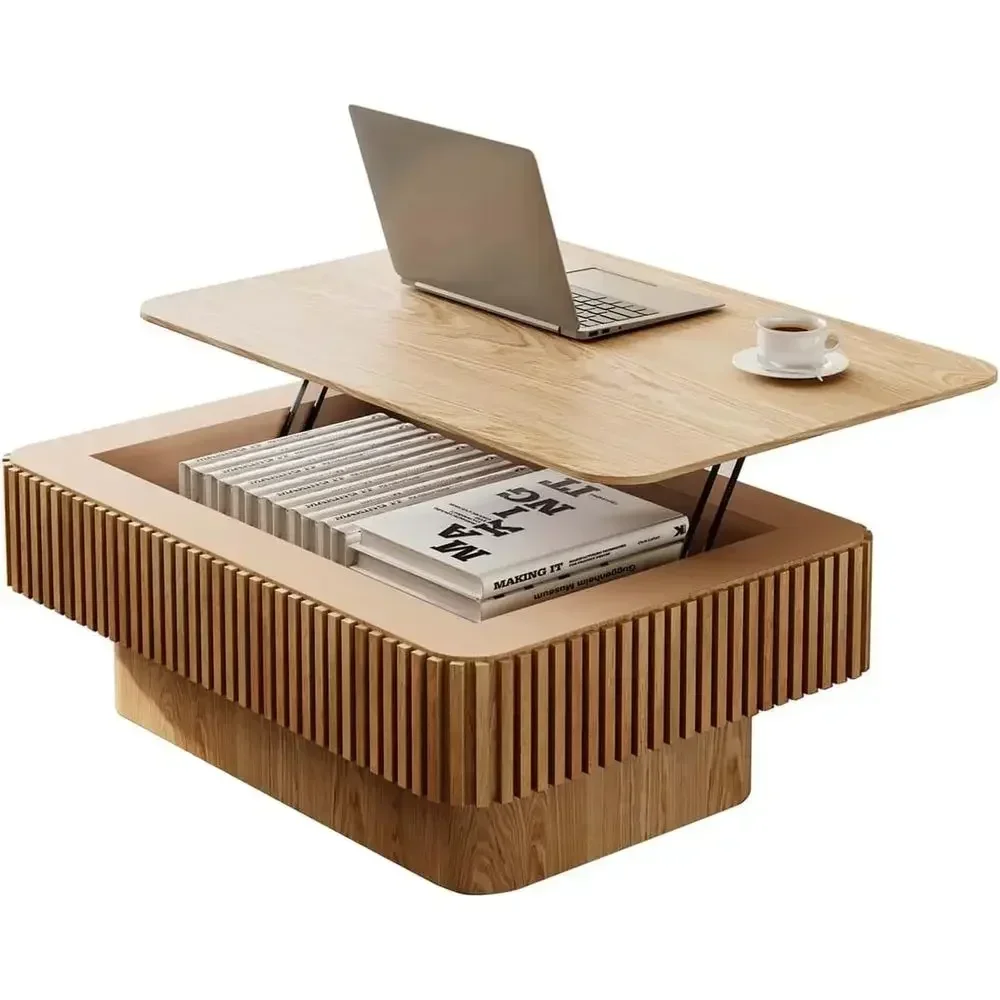 Adjustable Height Solid Wood Coffee Table with Storage, Natural Finish for Living Room or Office
