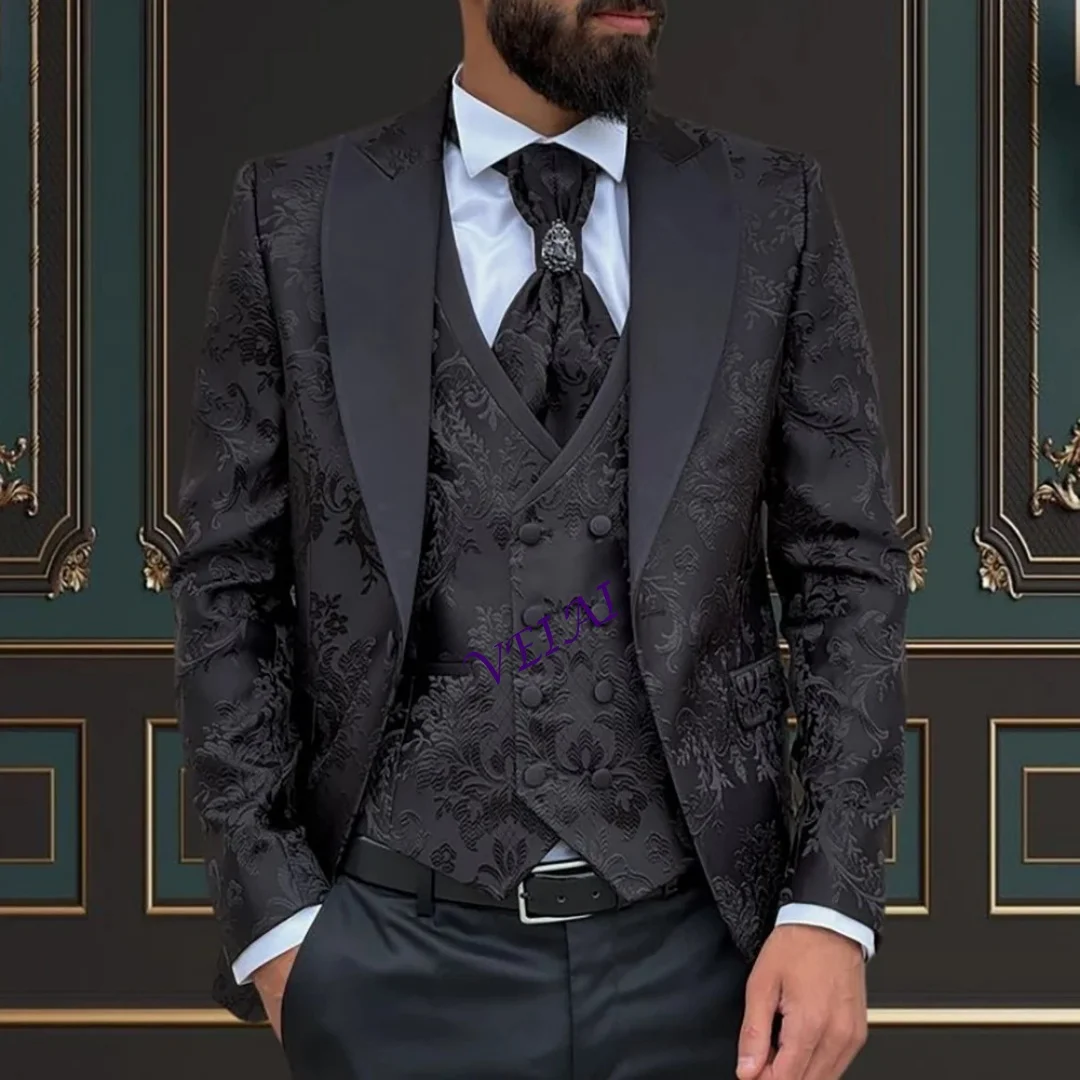 Customized Slim Fit Men's 3-Piece Suit Black Orange Contrast Single-Breasted Formal Wedding Business Groom Outfit with Jacket