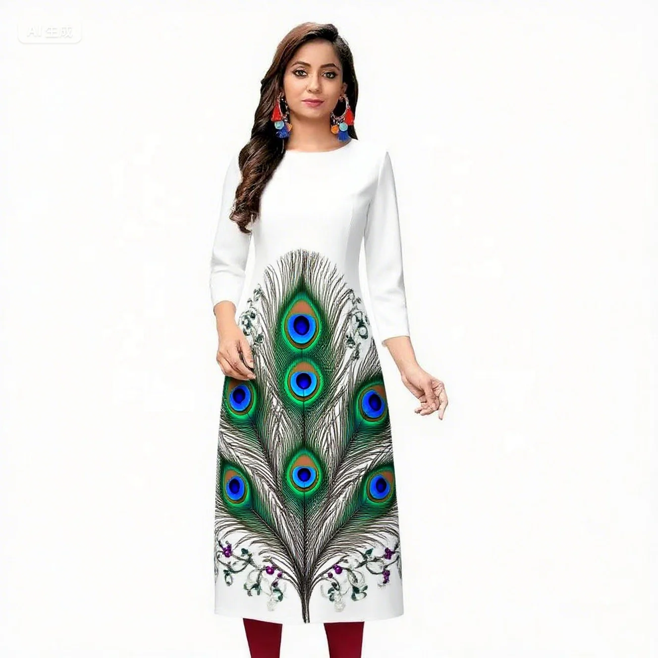 Dress Kurt women's Fashionable And Elegant Long Sleeved Straight Tube Casual Round Neck Peacock Pattern Noble Skirt 2026
