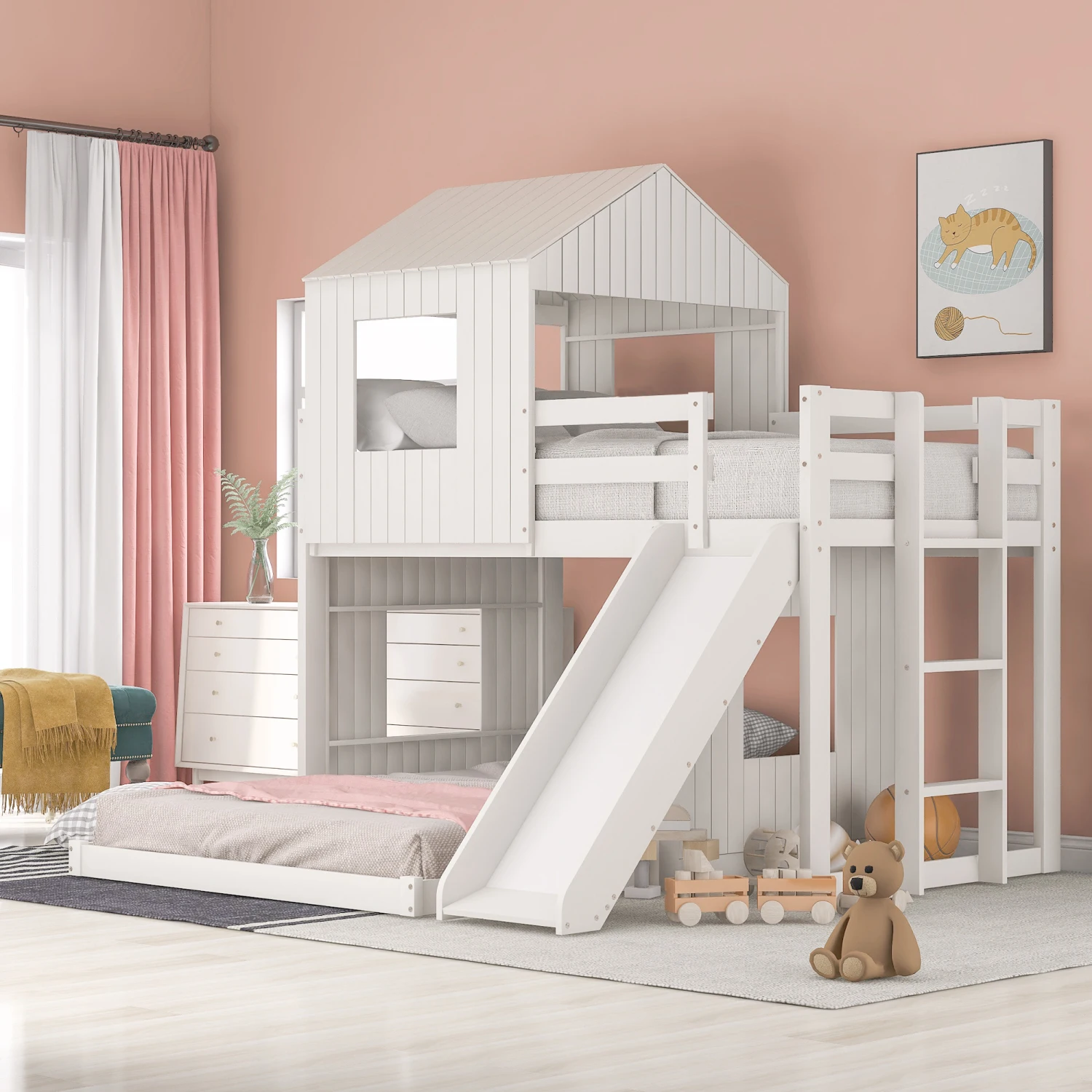 Wooden Twin Over Full Bunk Bed with Playhouse, Farmhouse Design, White Color, Ladder, Slide, Guardrails - LT000028AAK