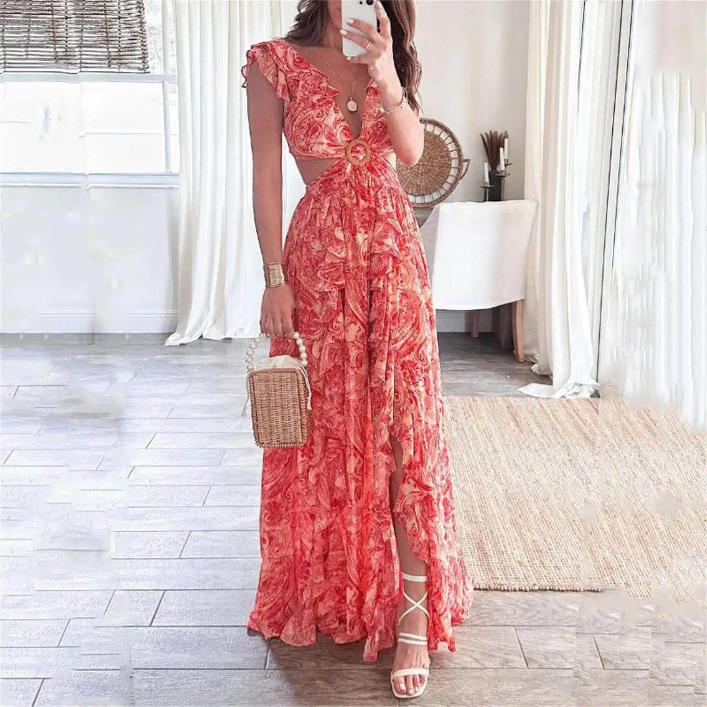 

Fashionable Summer Print Lace Pleated Sleeve Dress Commute Style mid Waist A-Line Skirt Three-acetate Fiber No Brand Basic Model