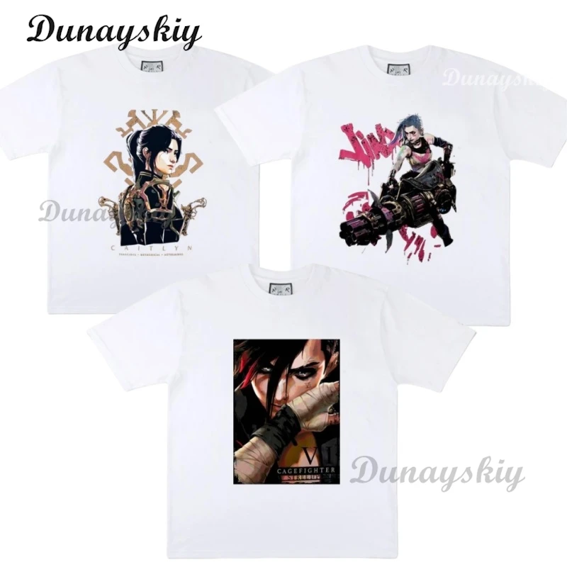 Arcane Caitlyn 코스프레 티셔츠, 남성 미적 애니메이션 Vi Jinx 티셔츠, 만화 캐주얼 빈티지 코튼 셔츠, 맞춤형 패션