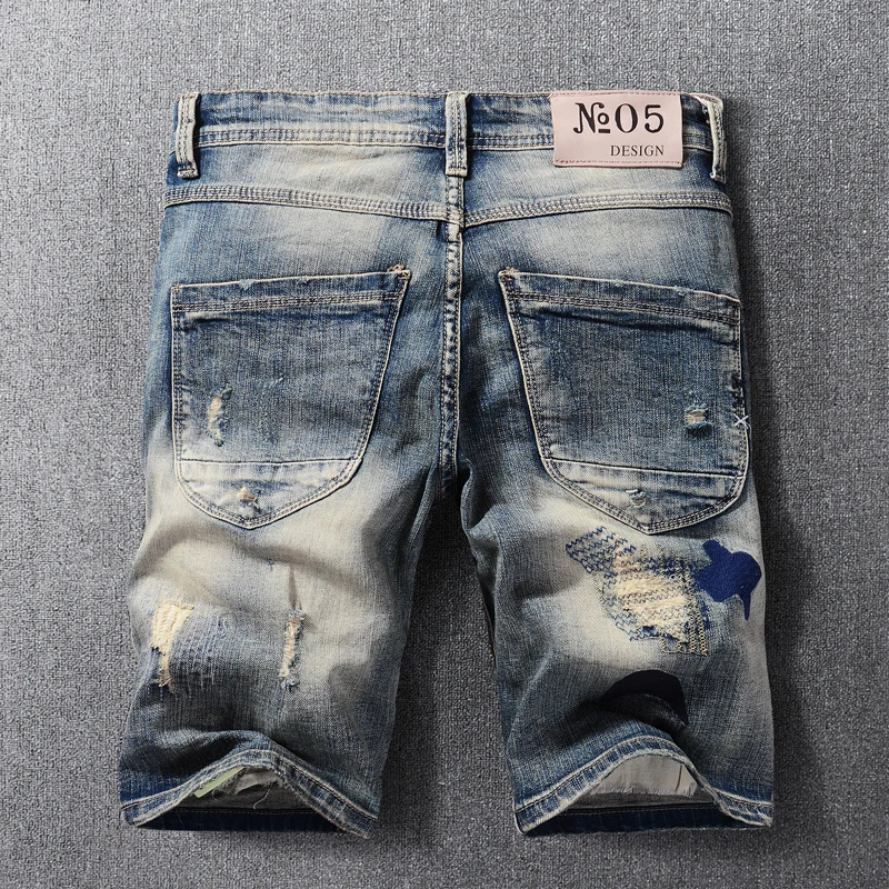Street Fashion Summer Men Jeans Retro Gray Blue Elastic Ripped Short Jeans Homme Embroidery Designer Hip Hop Denim Shorts Men