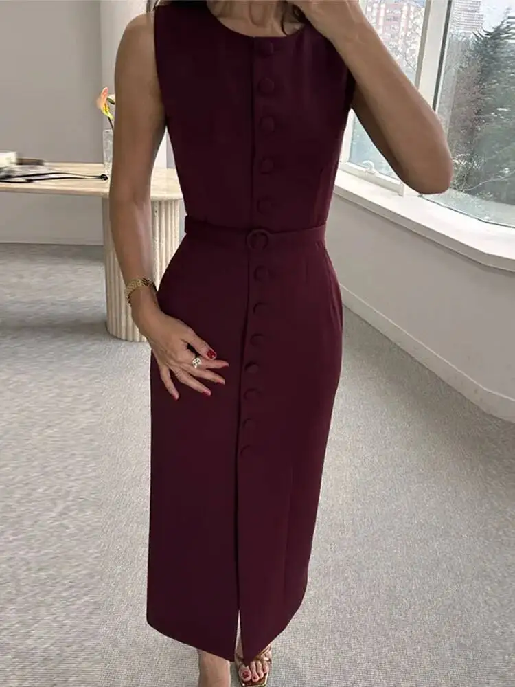 Elegant Single Breasted Tank Dress Women Belts Sleeveless O-Neck Slim Solid 2025 Spring Dresses Commute Street Split Lady Robe