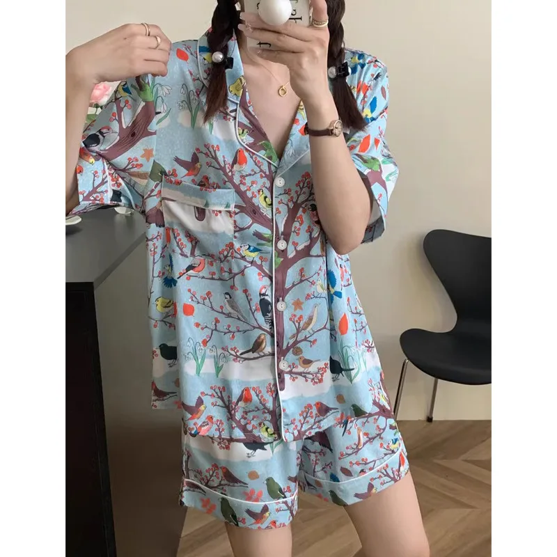 Women Pajama Set Spring Summer 2 Piece Bird Print Pyjama Pocket Faux Silk Satin Sleepwear Short Sleeve Pijama Mujer Pjs Homewear