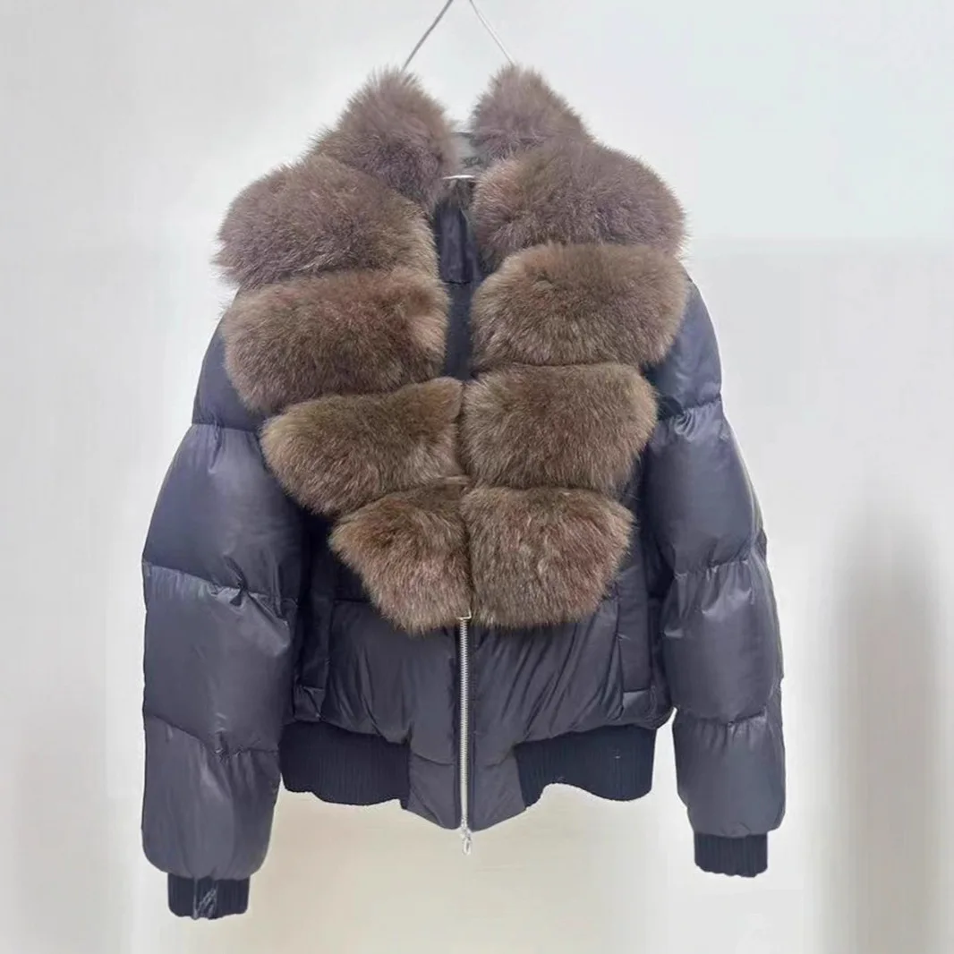 Women White Duck Down Zipper Parker Winter Natural Big Fur Collar Down Jacket Outwear Female Warm Thick Quilted Cotton Jacket