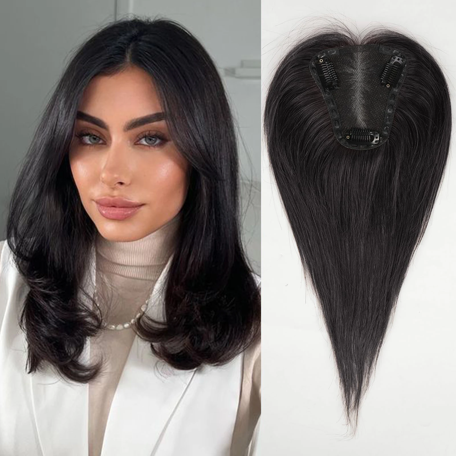 Natural preto Remy cabelo humano Toppers, mão amarrada base do laço, extensão do cabelo para mulheres, perda de cabelo, 12"