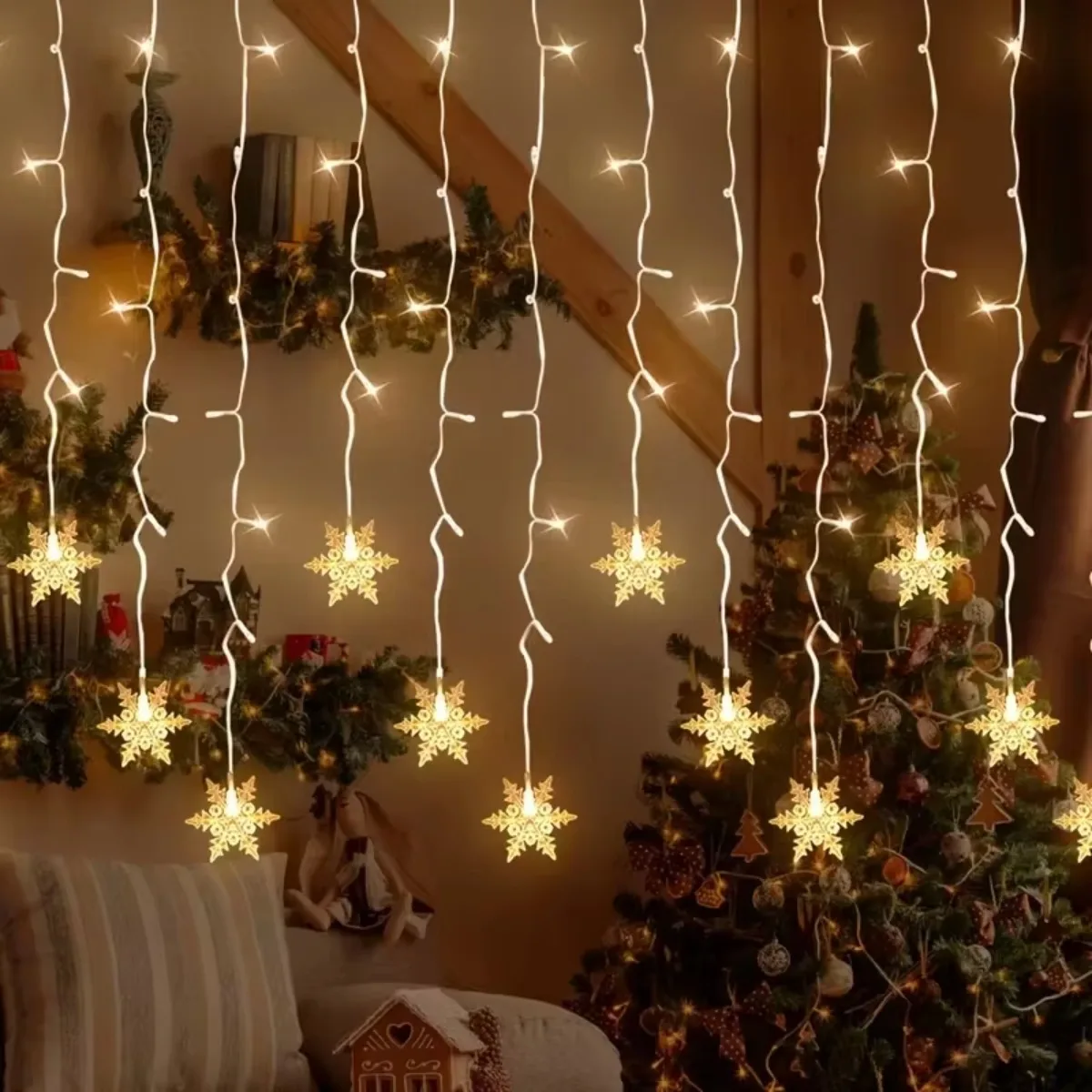 USB Snowflake Icicle Curtain Lights Remote Control Christmas Fairy String Lights Indoor Window Bedroom Home Party Decor