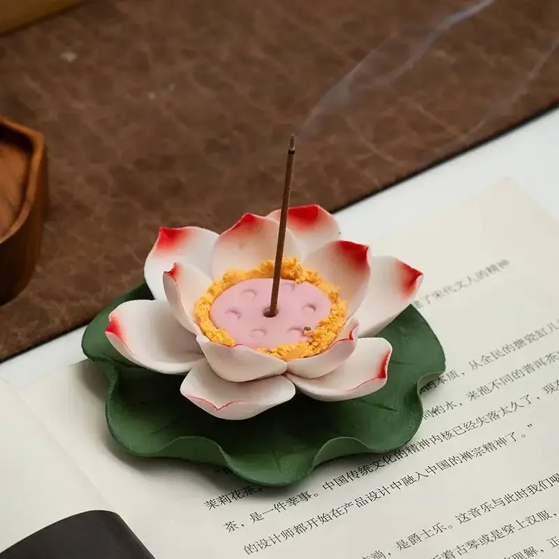 Ceramic Handicraft Handmade Lotus Aroma Holder Censer Artificial Flower Water Lily Decorative Figurines Home Decoration