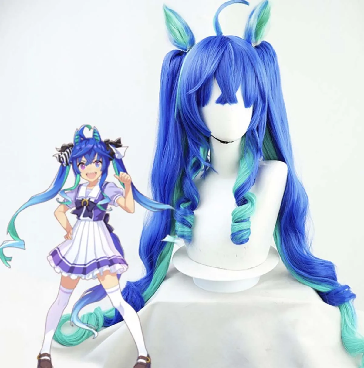 Top Quality Uma Musume Pretty Derby Twin Turbo Cosplay Long Blue Wig with Ears