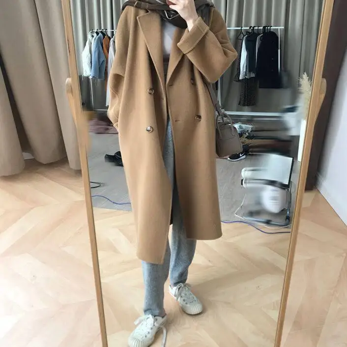 

Khaki Women's Mid-Length Woolen Coat Loose Fit Turn-down Collar Autumn Winter New Style Korean Version Small Size Friendly