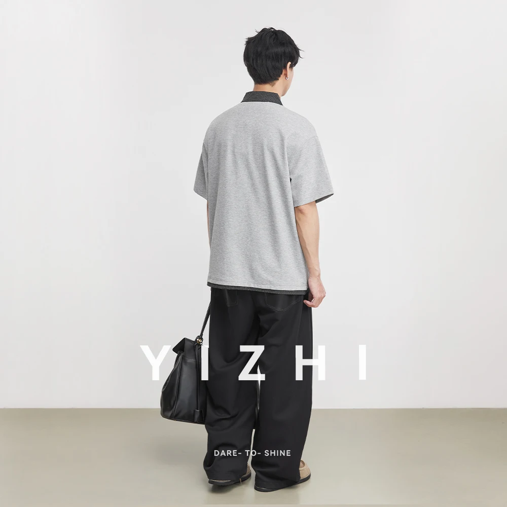 Heavy 230g American Retro Plaid Lapel Polo Shirt Men's 2026 Spring Fake Two-piece High-end T-shirt Short Sleeves