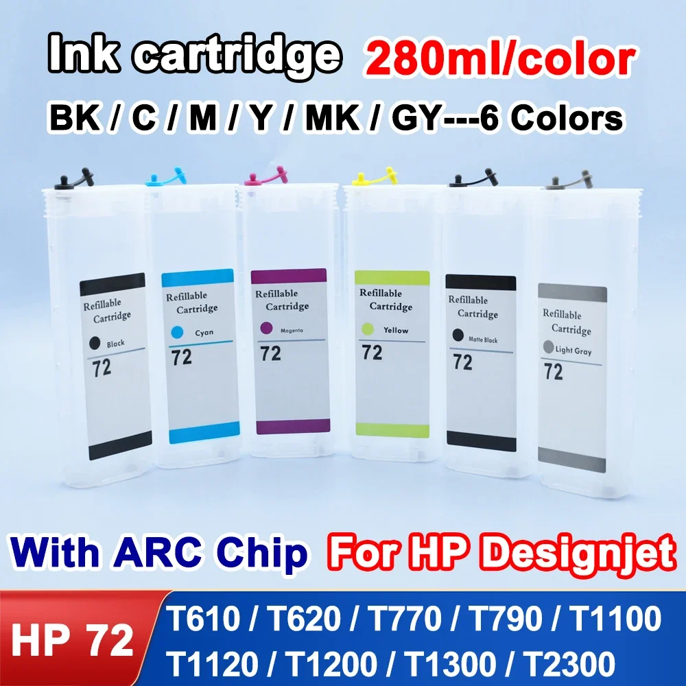 280ml 6 Color Cartridge With ARC Chip For HP 72 HP72 Refill Ink Cartridge For HP Designjet T610 T620 T770 T790 T1100 T1300 T2300