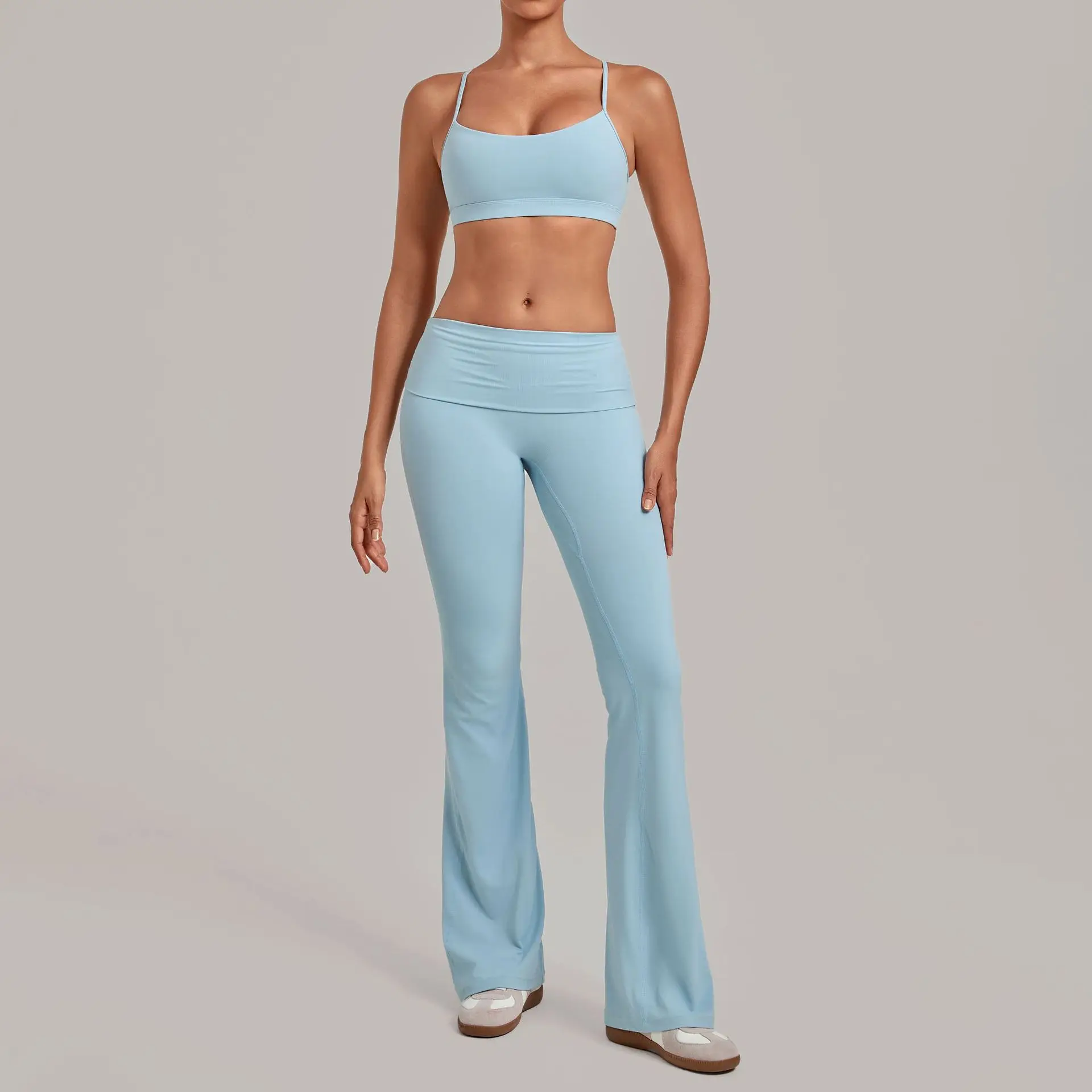 Gym Tracksuit Sportswear Women 2 Pcs Yoga Set Fold‑Over Waist Flare Leggings Suit Fitness Bra Running Workout Clothing Outfits