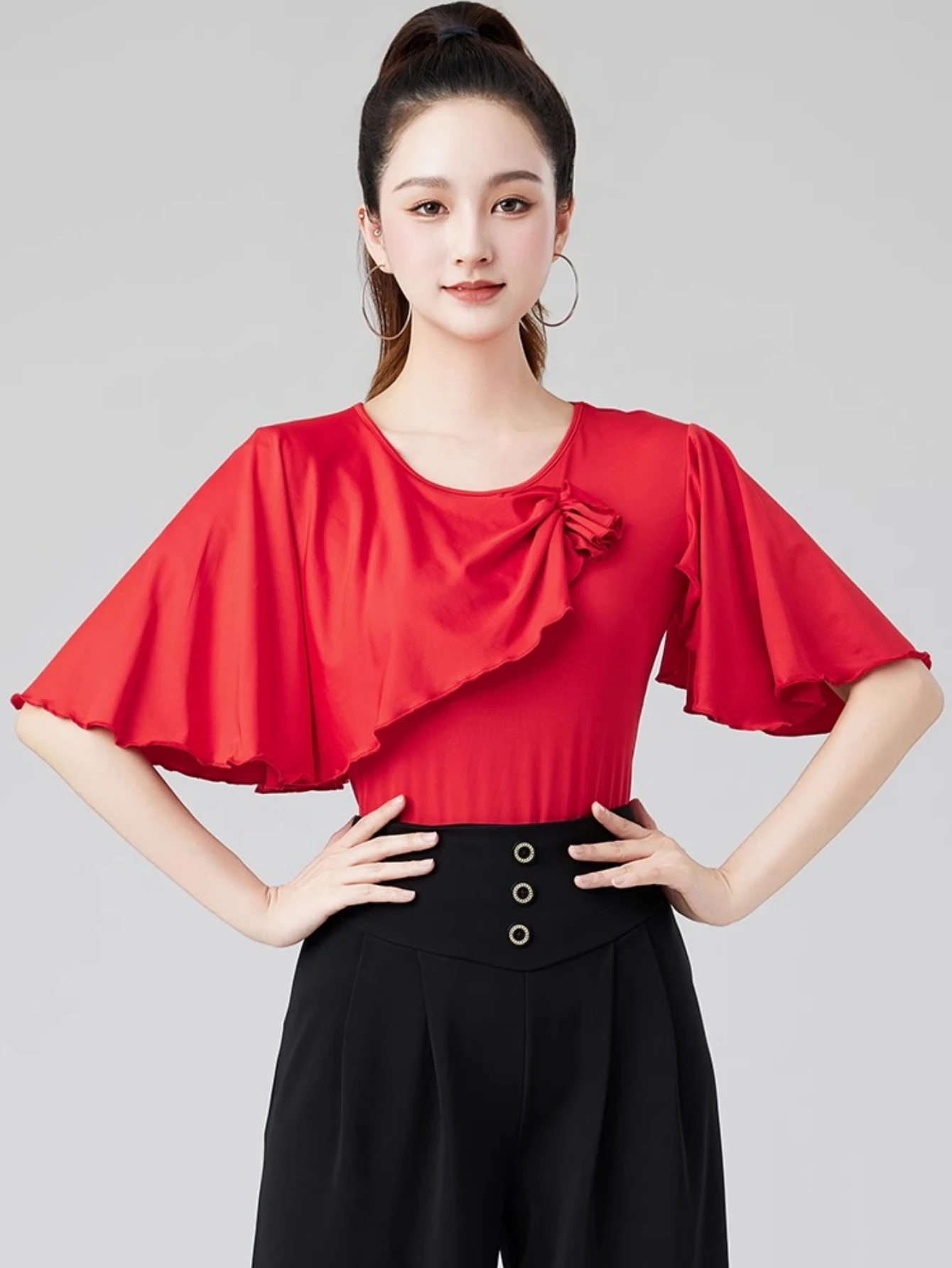 Korte mouwen danskleding top rood nieuwe latin dans tops danspak dames boven en onderkant moderne lijn dameskleding podiumkleding