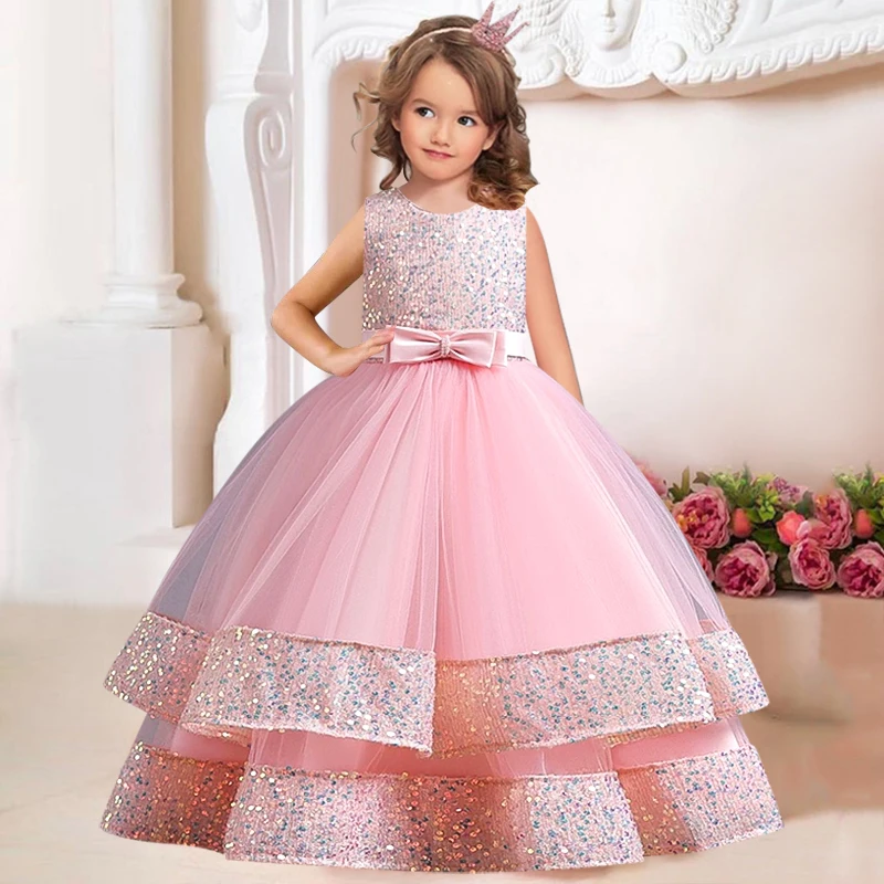 New sequin children girls elegant wedding pearl petal girls dress princess party beauty pageant long sleeve lace tulle 3-12 year