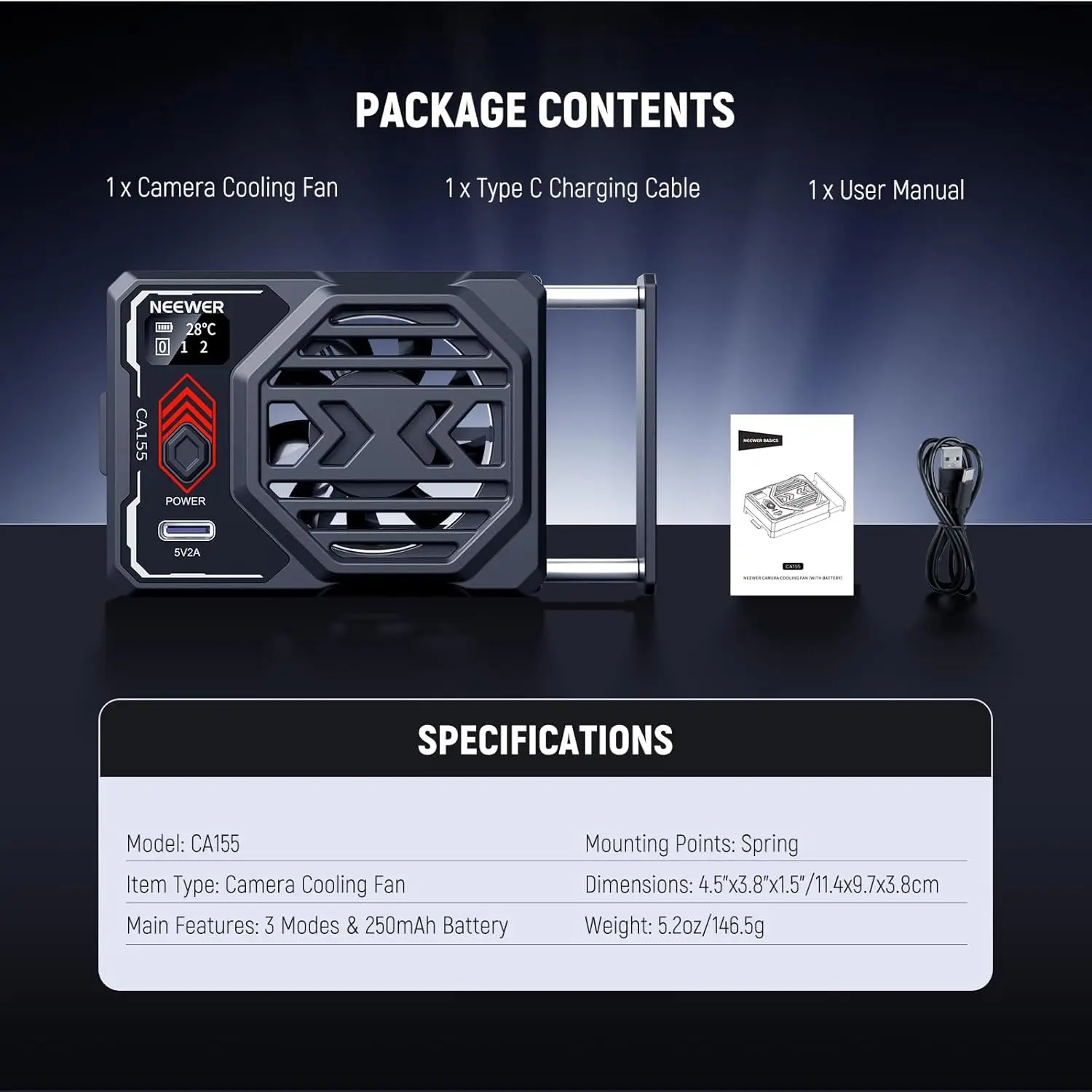NEEWER Podstawowy Wentylator Chłodzący do Aparatu z Baterią, Zewnętrzny Chłodzik Sprężynowy do Sony ZV-E1 A6700 Canon R6 Mark II Fujifilm XS20 — zdjęcie produktu 5