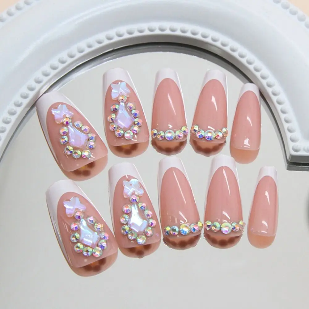 

24pcs Detachable Long Ballerina False Nails White Edge French Nail Tips Shining Rhinestones Full Cover Fake Nails DIY