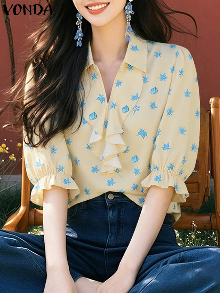 

VONDA Summer Women Blouse Half Sleeve Lapel Fashion Ruffles OL Work Female Print Blouses Tops Streetwear Blusas Tunic Oversize