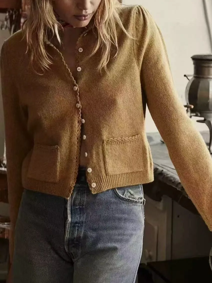 

Women's Cashmere Wool Blend Knitted Cardigan Autumn Peter Pan Collar Single Breasted Long Sleeve Elegant Slim Sweater