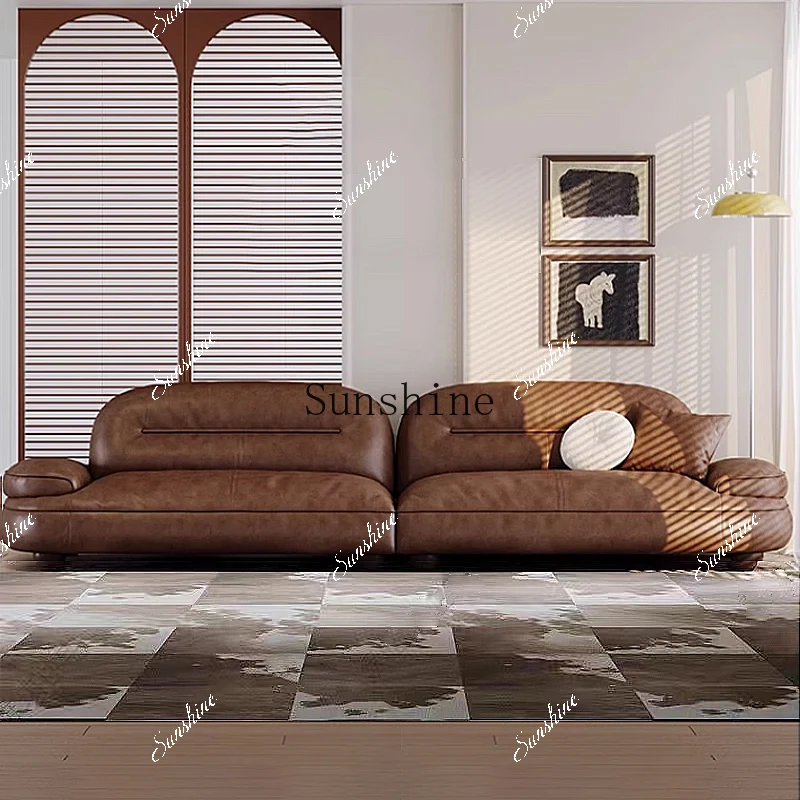 Italian minimalist leather French retro style small apartment living room three-person sofaYY