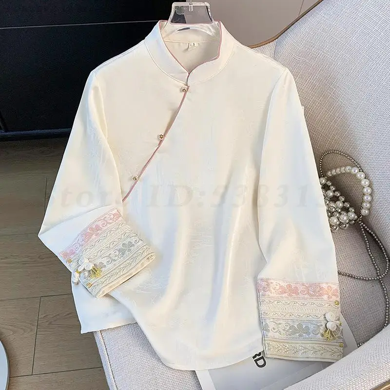 Embroidered Long Sleeved Blouse New Chinese Style Improved Stand Up Collar Tang Clothes Top Female Retro Jacquard Hanfu Shirts