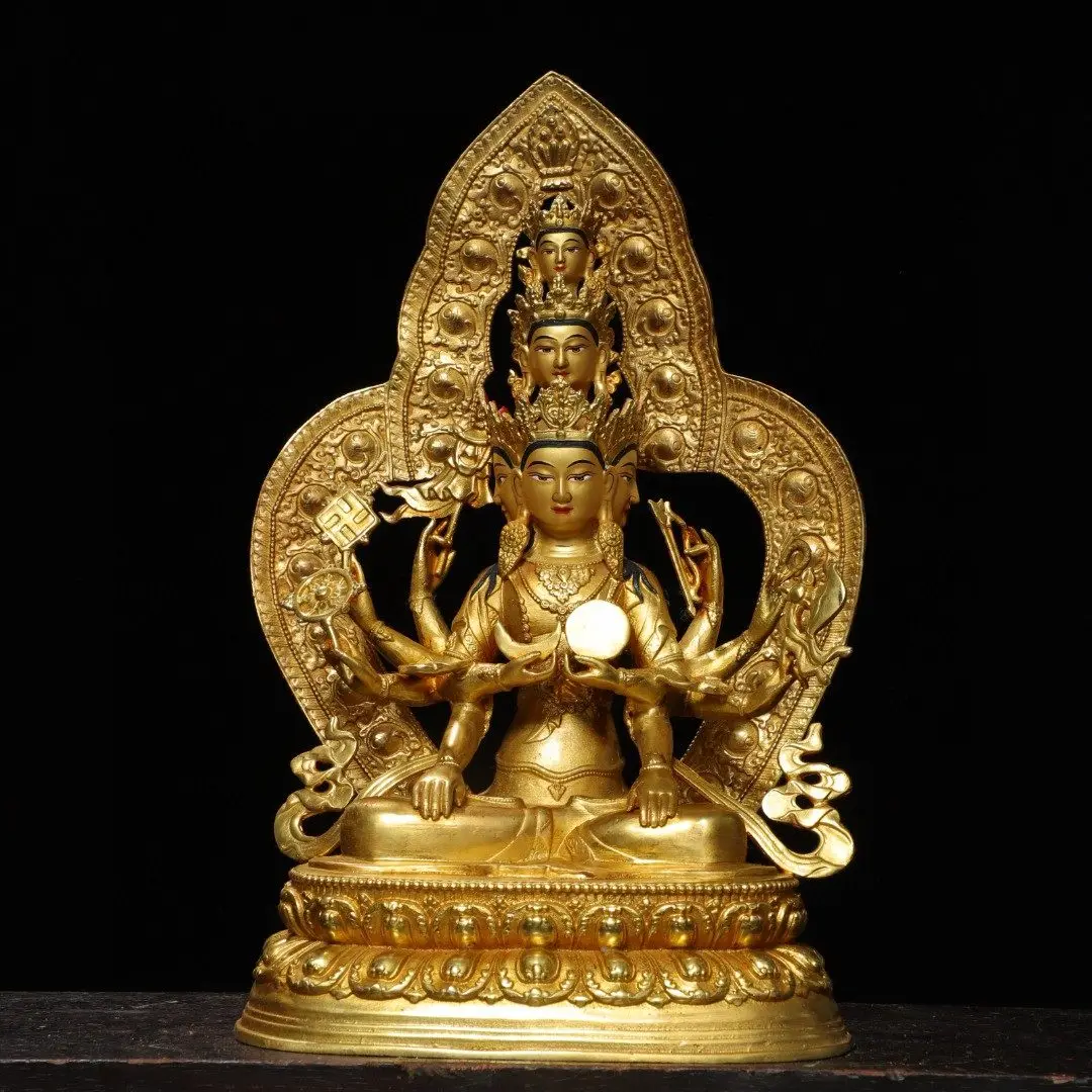 Nepal Tibetan Thousand Arms Kwan Yin Statue Pure Copper Gold Gilt Home Altar Figurine Handmade