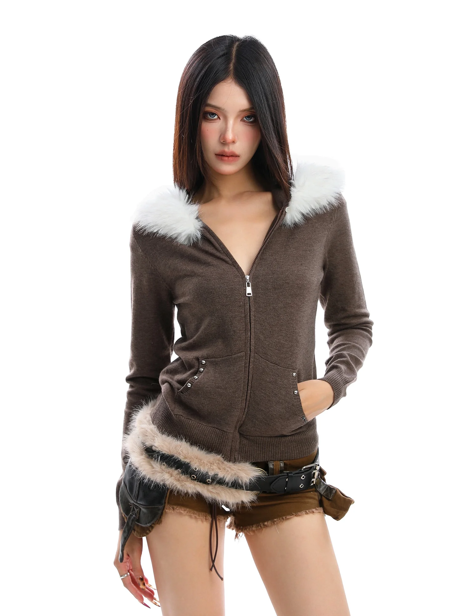 

Женское осенне-зимнее пальто Slim Fit в американском уличном стиле с вязаной шапкой-свитером, заклепками, меховым воротником и застежкой-молнией