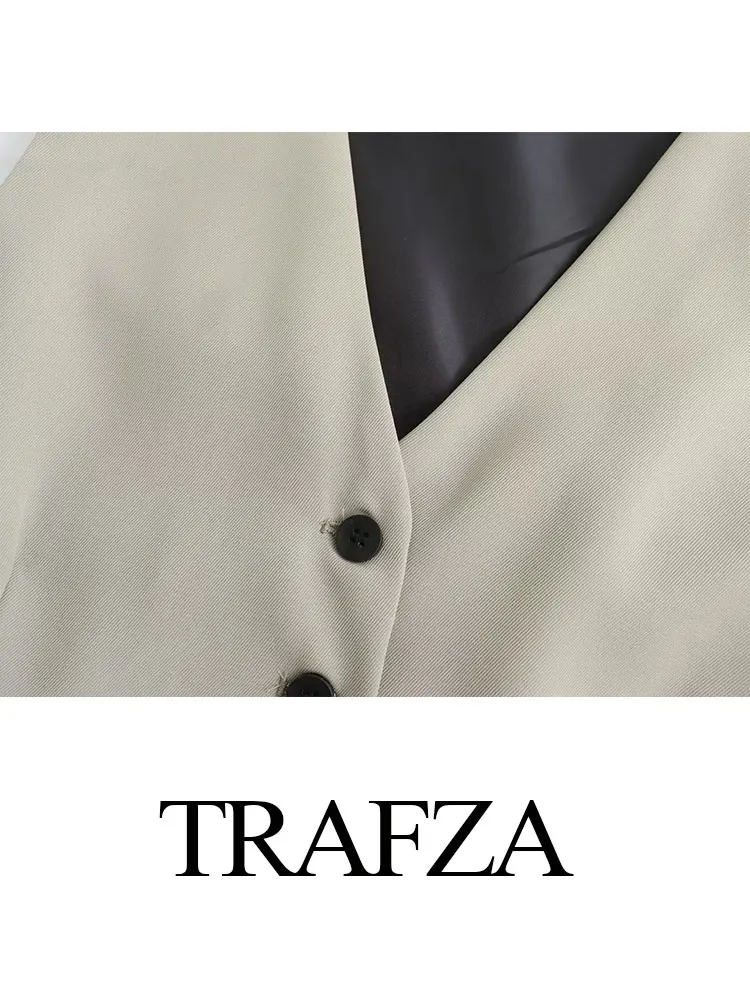 TRAFZA Spring Summer Women Vintage Solid Vests Single Breasted V Neck Waistcoat Tops 2024 New Casual Fashion Chic Vest