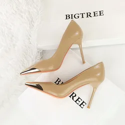 BIGTREE Shoes Metal Pointed Tip Women Pumps Fashion High Heels Ladies Shoes Stilettos Heels Pu Leather Female Pumps 2024 New