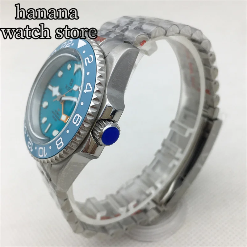 40mm sky blue luminous dial NH34 GMT automatic Men\'s watch arch glass ceramic bezel Date window