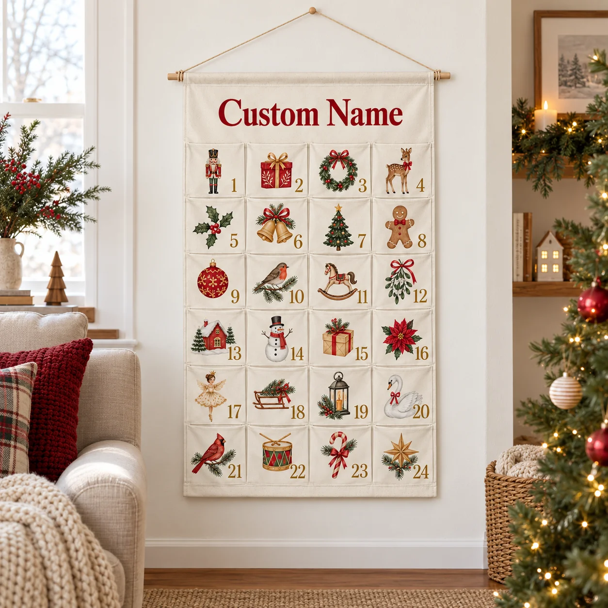 Custom Advent Calendar Christmas Personalized Name 24 Pocket Canvas Countdown Wall Decor For Kids Family Holiday Christmas Gift